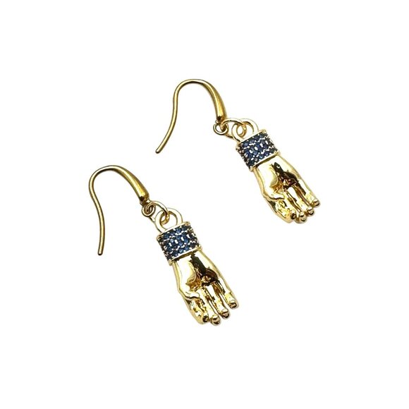 18K Gold Plated Evil Eye Blue Crystal Figa Fist Earrings Pierced Chandelier - Picture 4 of 4